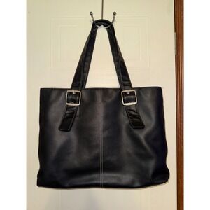 Solo Black Faux Leather Laptop Tote Bag Large Buckle Detail Blue Interior